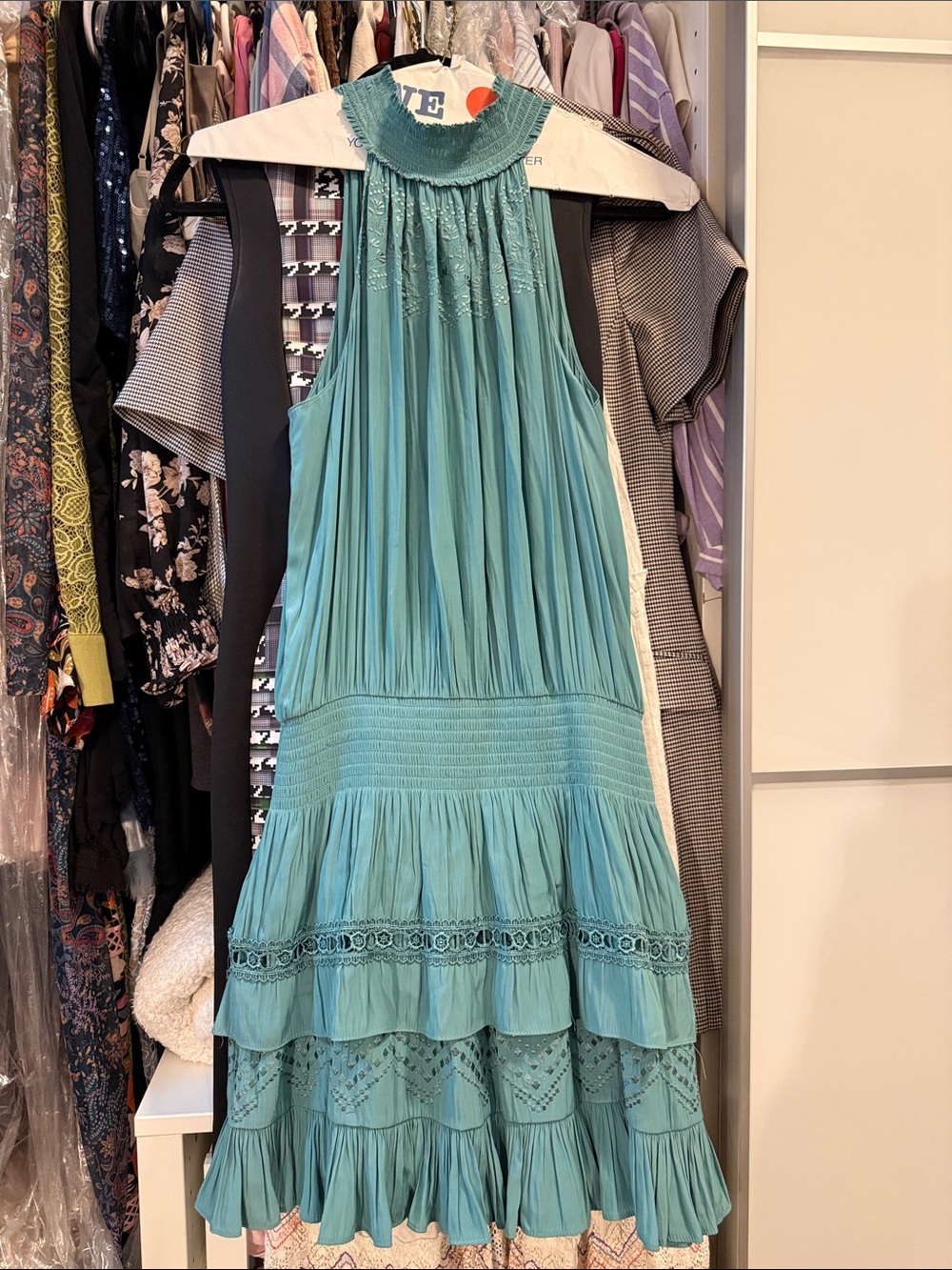 Ramy Brook Teal Tiered Pleated Mini Dress with Smocked Neckline